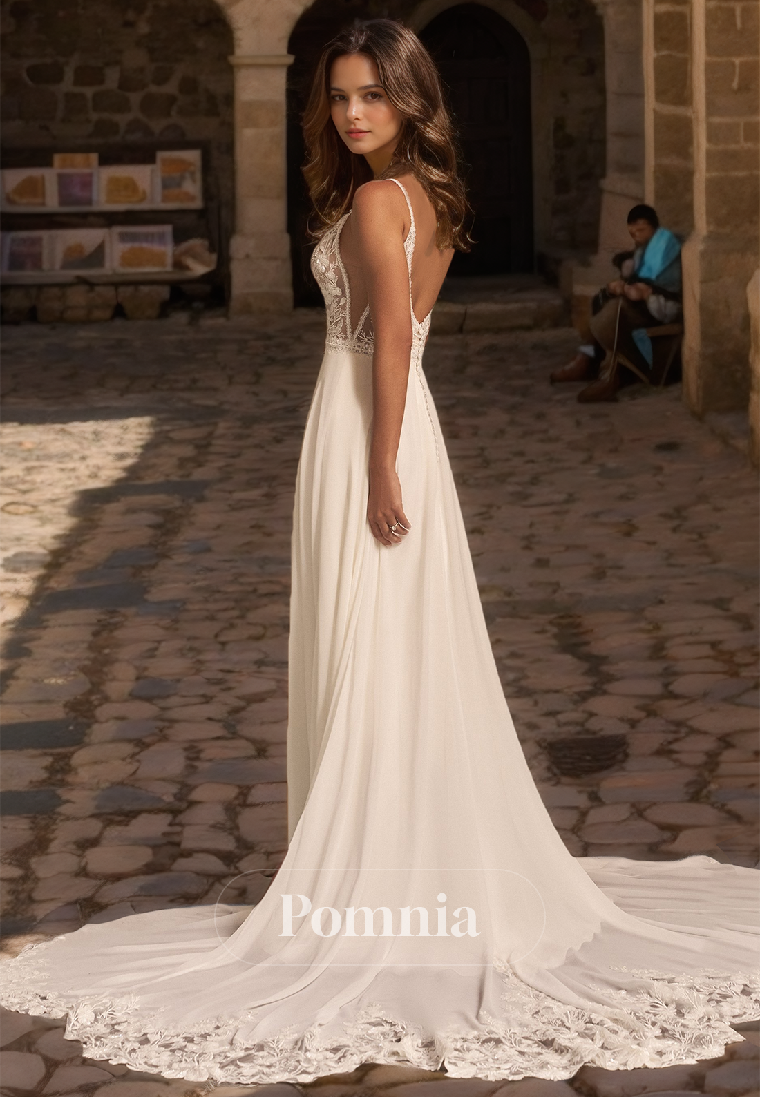 Elegant Spaghetti Straps V-Neck Court Train Empire-Waist Boho Wedding Dress