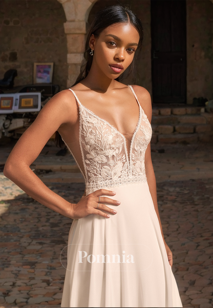 Elegant Spaghetti Straps V-Neck Court Train Empire-Waist Boho Wedding Dress