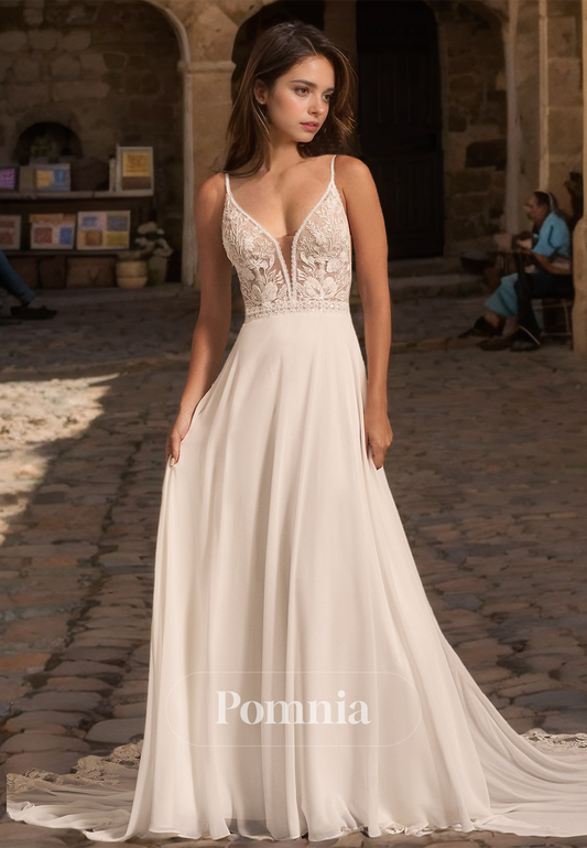 Elegant Spaghetti Straps V-Neck Court Train Empire-Waist Boho Wedding Dress