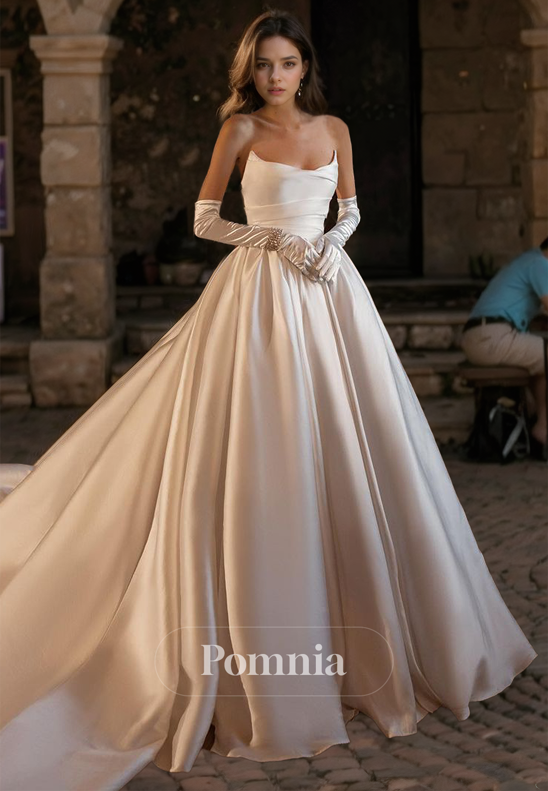 Elegant A-Line Strapess Sleeveless Court Train Backless Satin Wedding Dress