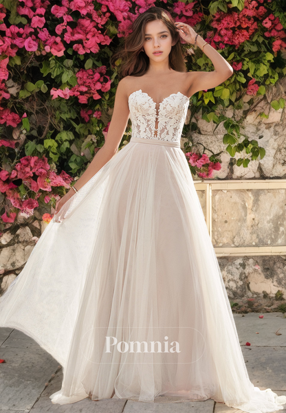 Elegant A-Line Sleeveless Sweetheart Detachable Lace Wedding Dress