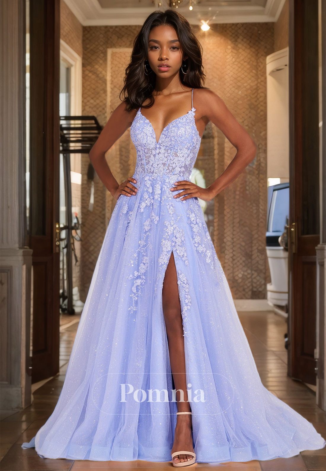 A-Line V-Neck Prom Dress with Slit Appliques Lace-Up Back Evening Party Dress