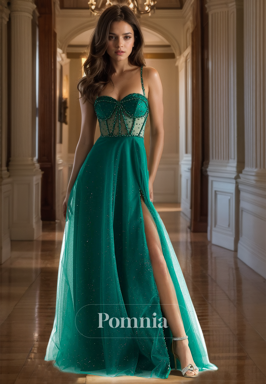 A-Line Spaghetti Straps Prom Dress with Side Slit Corset Tulle Evening Party Dress