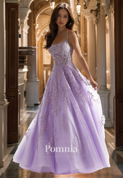 A-Line Spaghetti Straps Prom Dress with Appliques Corset Tulle Evening Party Dress