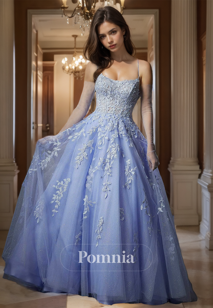 A-Line Spaghetti Straps Prom Dress with Appliques Corset Tulle Evening Party Dress