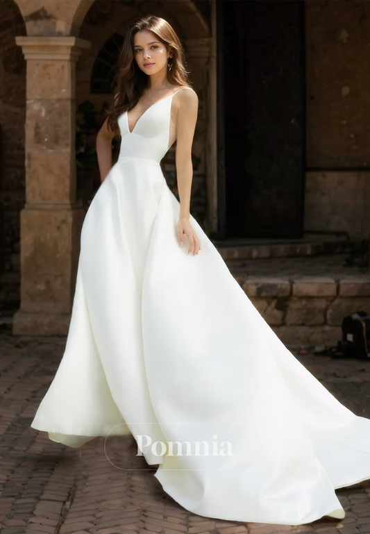 Elegant Spaghetti Straps V-Neck Backless Court Train Satin Wedding Dress