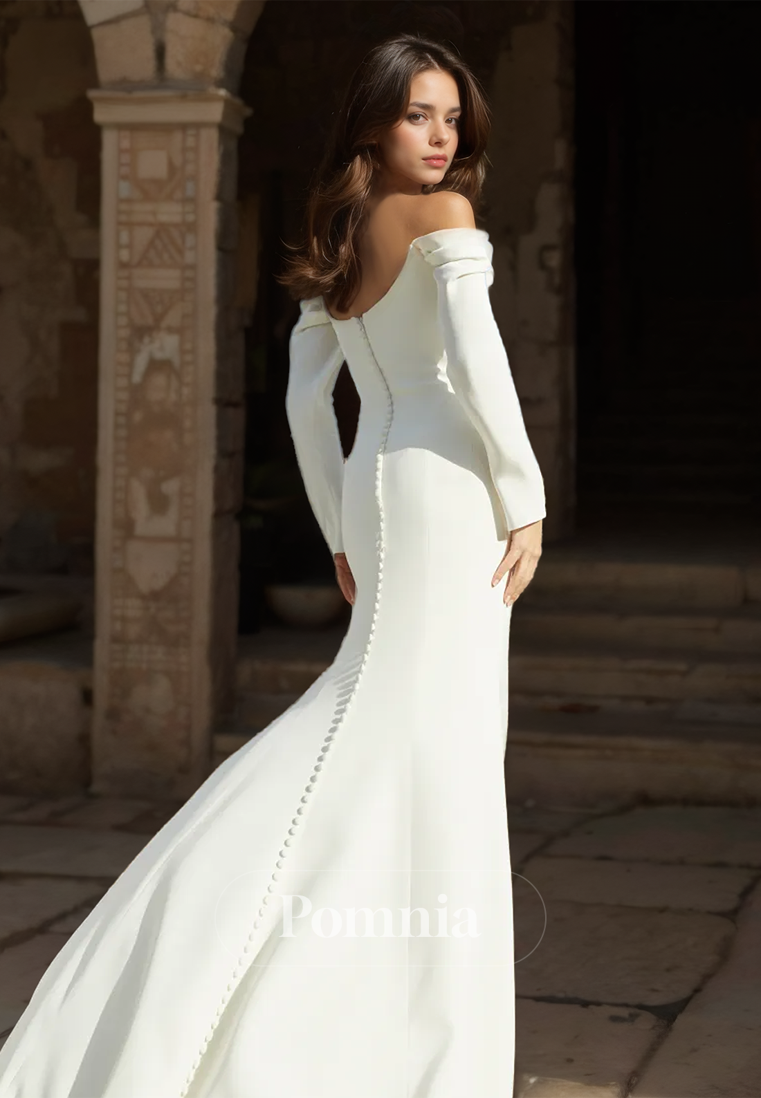 Elegant Long Sleeves Off-Shoulder Mermaid Sweep Train Satin Wedding Dress