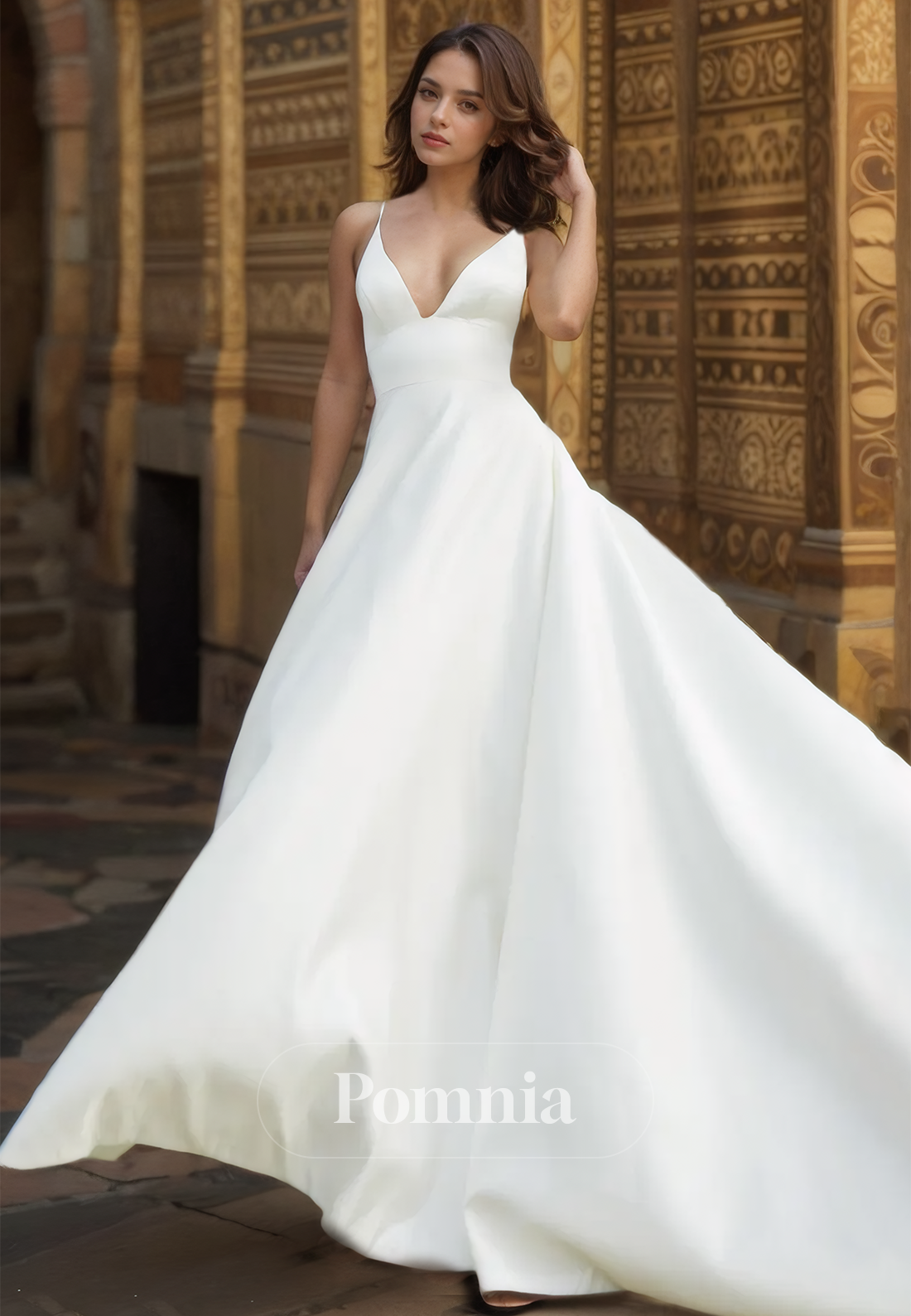 Elegant Spaghetti Straps V-Neck Backless Court Train Satin Wedding Dress