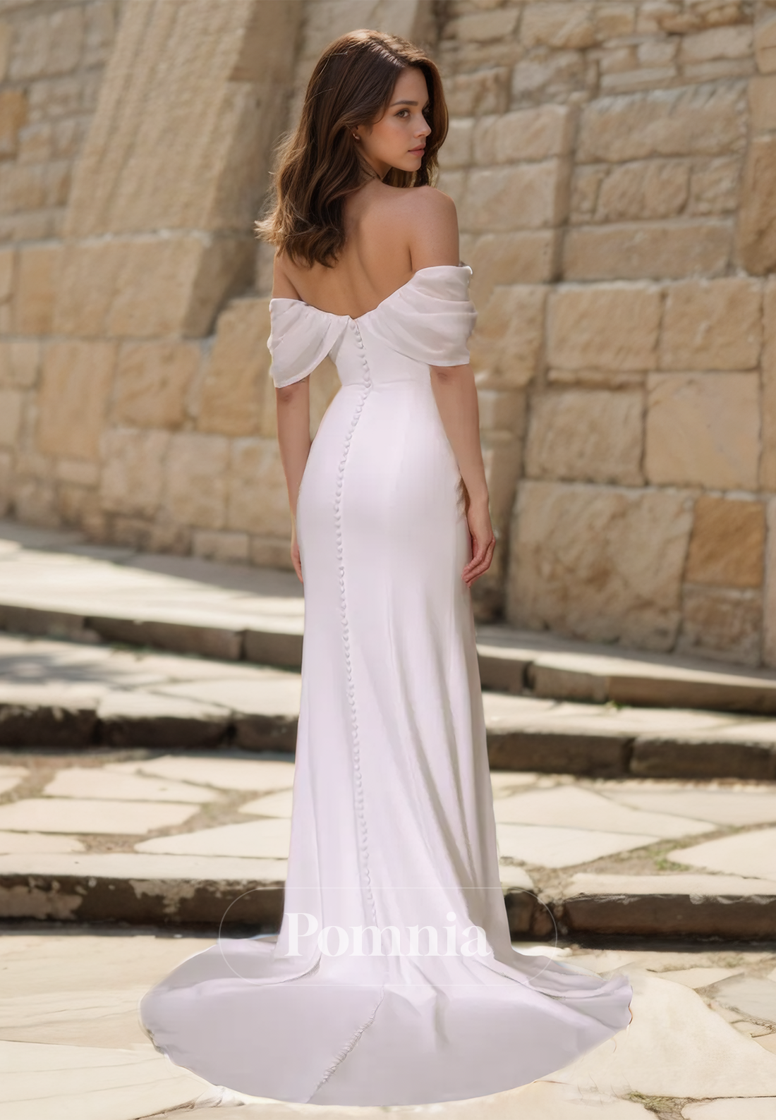 Simple Off-Shoulder Side Slit Sweep Train Mermaid Satin Wedding Dress