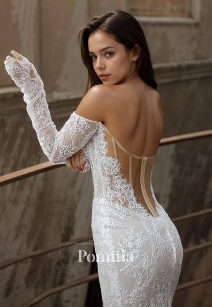 Glamorous Long Sleeves Off-Shoulder Backless Lace Mermaid Wedding Dress