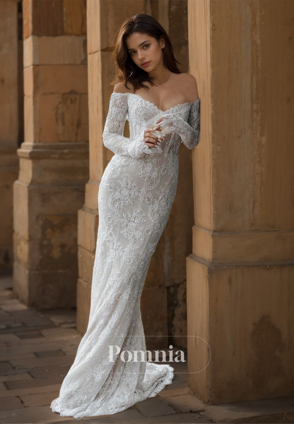 Glamorous Long Sleeves Off-Shoulder Backless Lace Mermaid Wedding Dress