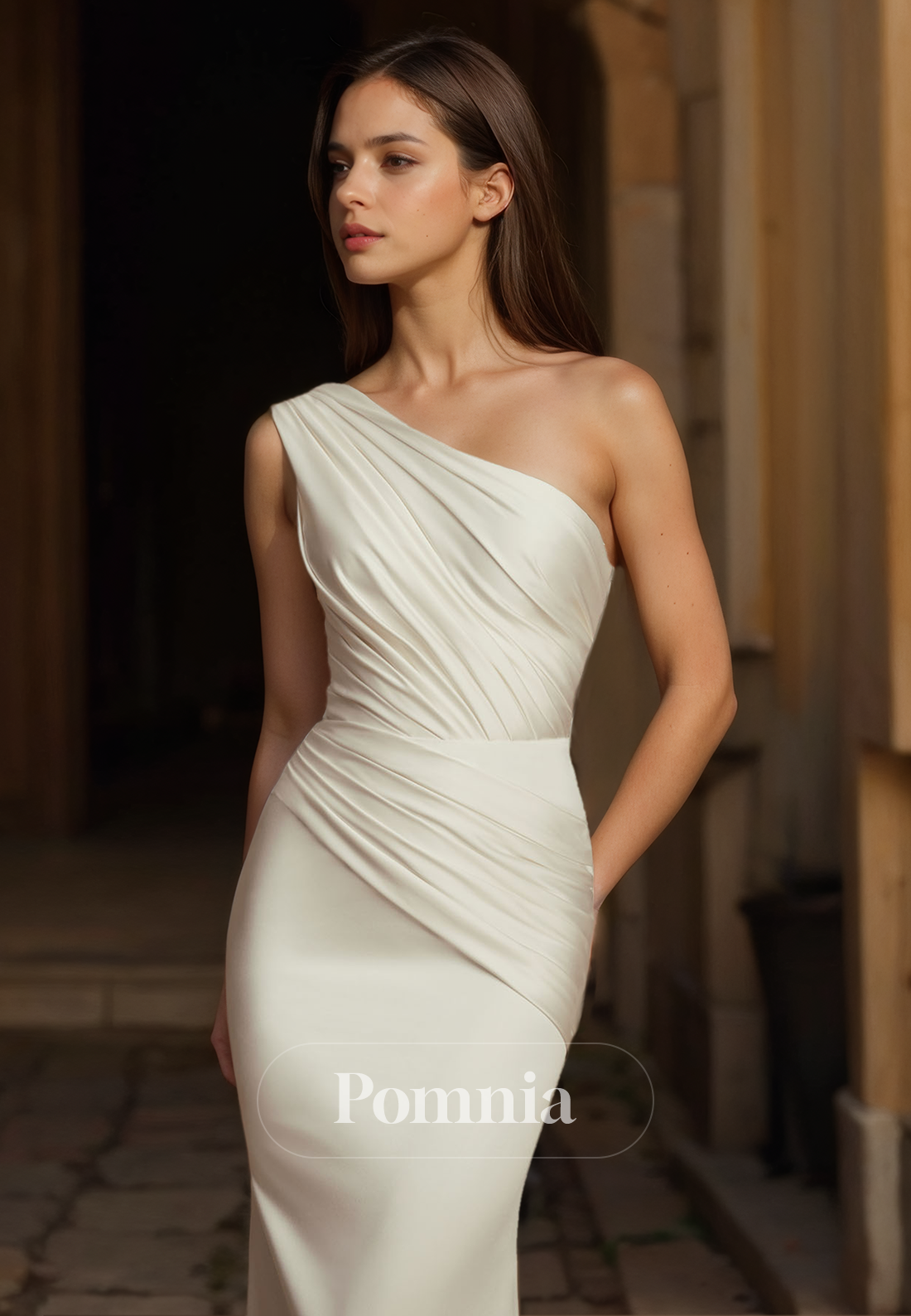 Elegant One Shoulder Empire-Waist Ruched Mermaid Wedding Dress