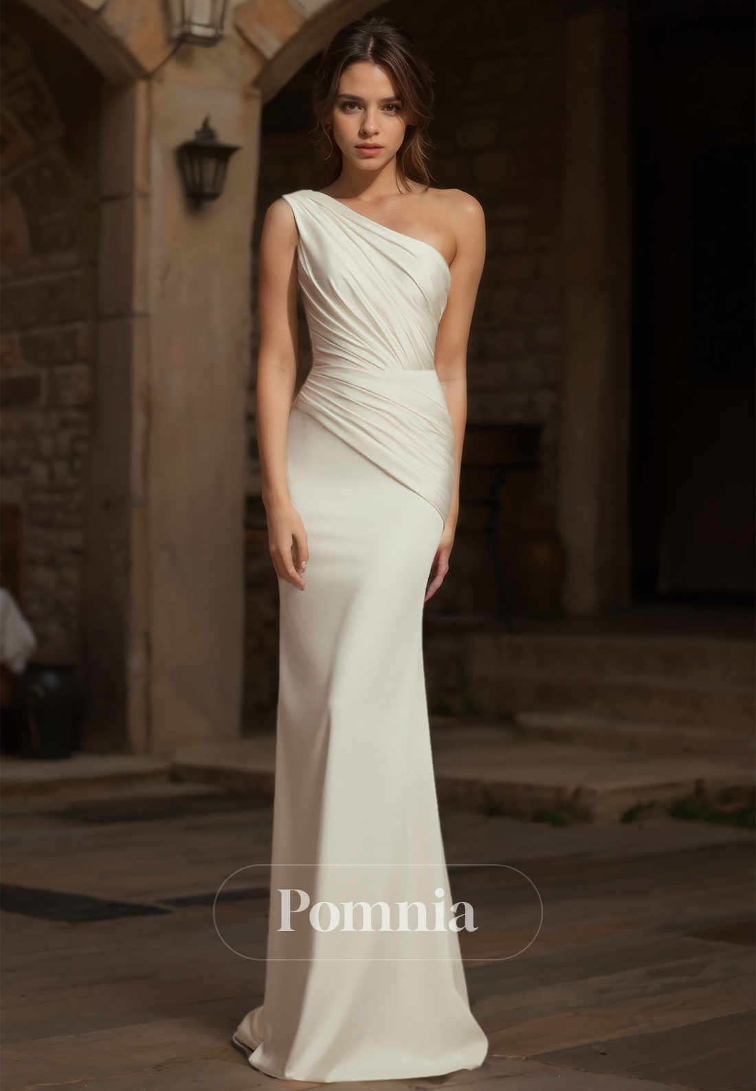 Elegant One Shoulder Empire-Waist Ruched Mermaid Wedding Dress