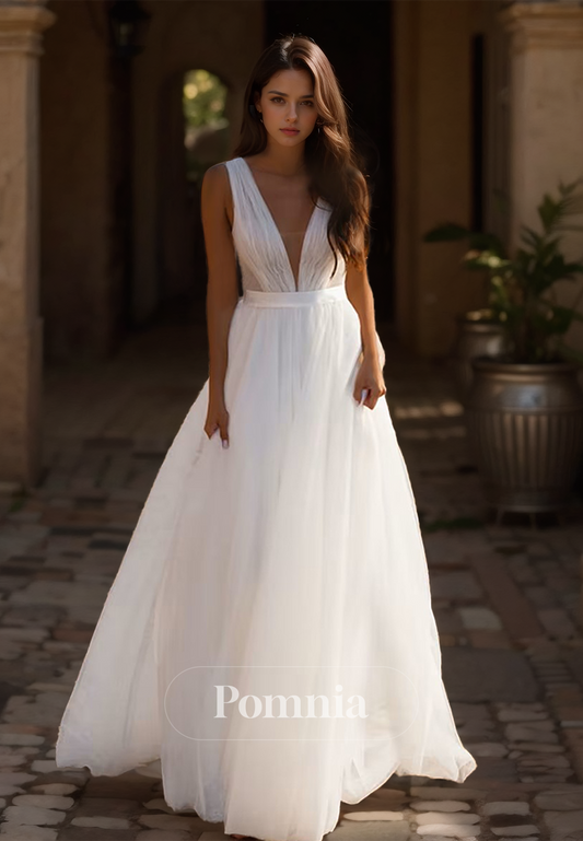 Simple Spaghetti Straps Deep V-Neck Floor-Length Lace Wedding Dress