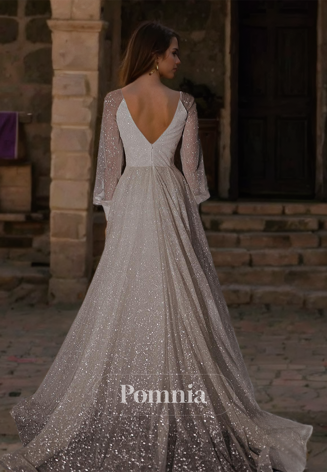 Sparkly Long Sleeves Deep V-Neck Side Slit Backless Romantic Wedding Dress