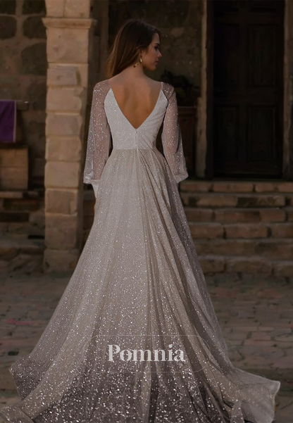 Sparkly Long Sleeves Deep V-Neck Side Slit Backless Romantic Wedding Dress