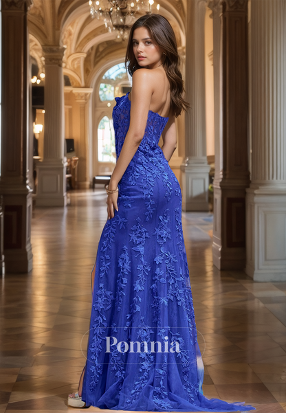 Royal Blue Strapless Sleeveless Prom Dress with Slit Corset Tulle Evening Party Dress