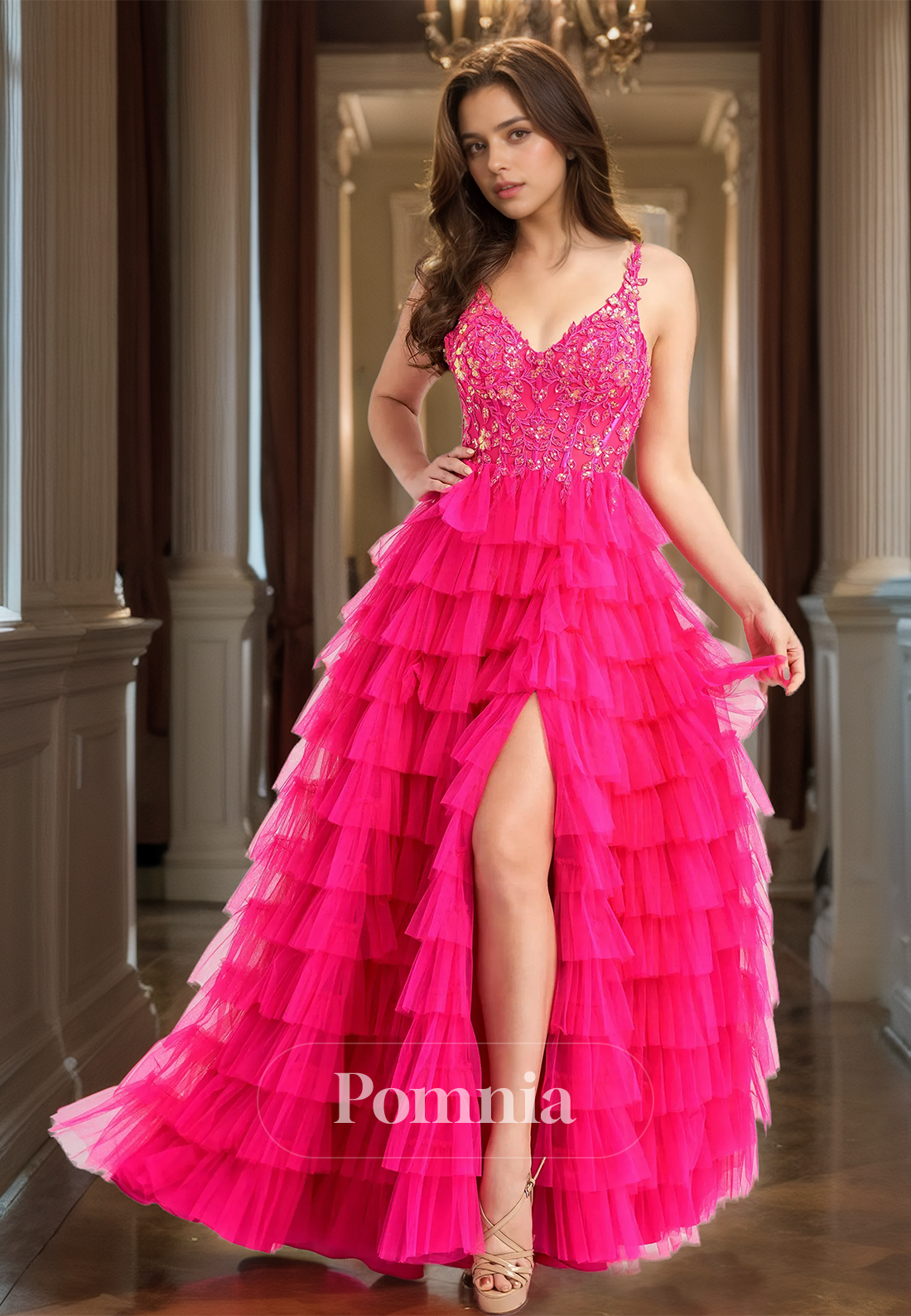 A-Line Spaghetti Straps V-Neck Prom Dress with Ruffles Tiered Slit Evening Party Dress