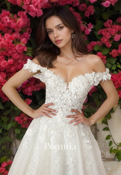 A-Line Off-Shoulder Floral Appliques Corset Tulle Backless Lace Wedding Dress