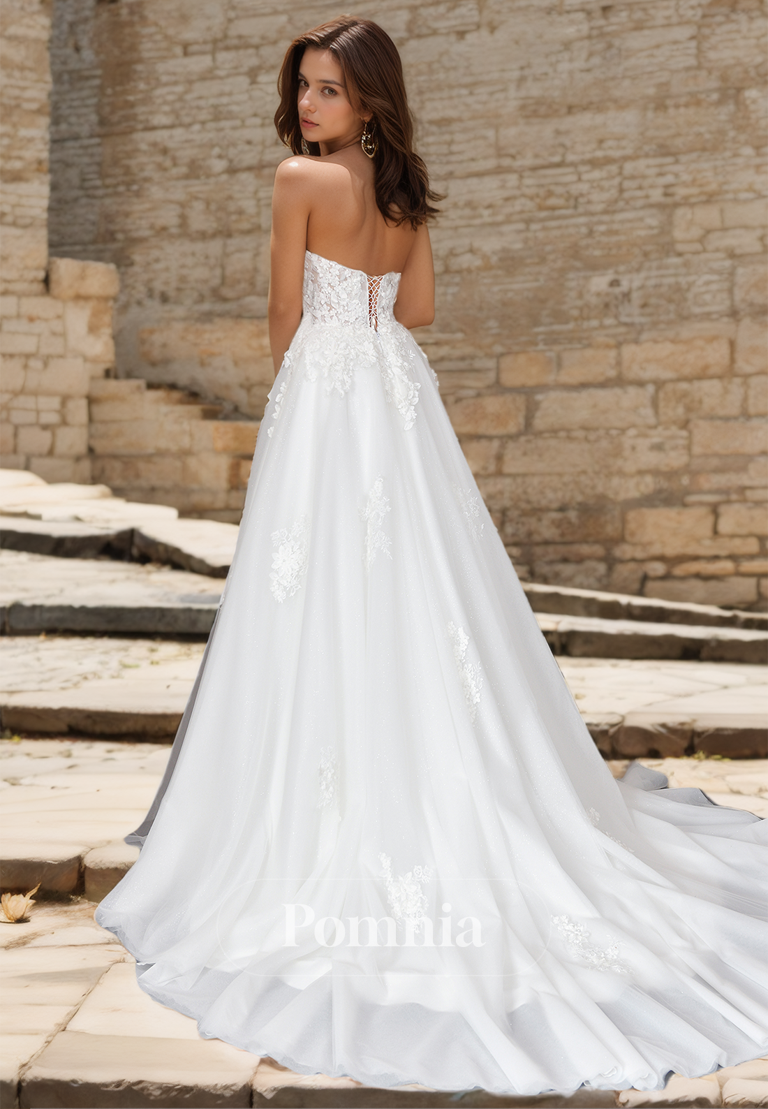 A-Line Strapless Sleeveless Empire-Waist Floral Appliques Satin Wedding Dress