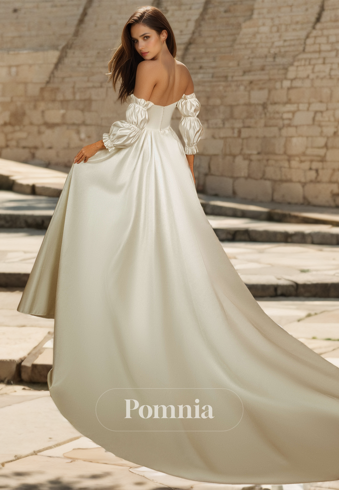 A-Line Off-Shoulder 3/4 Sleeves Court Train Backless Satin Wedding Dress