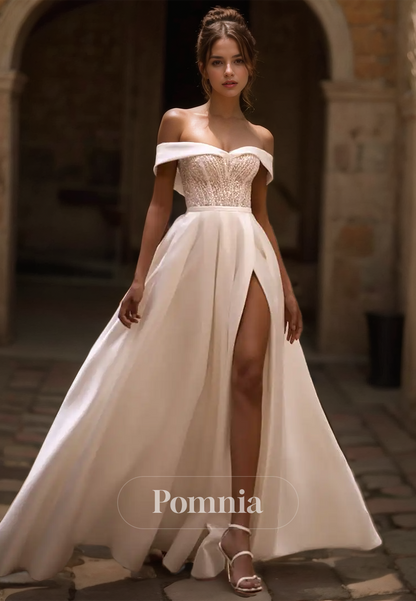 A-Line Off-Shoulder Sequins Side Slit Court Train Satin Wedding Dress