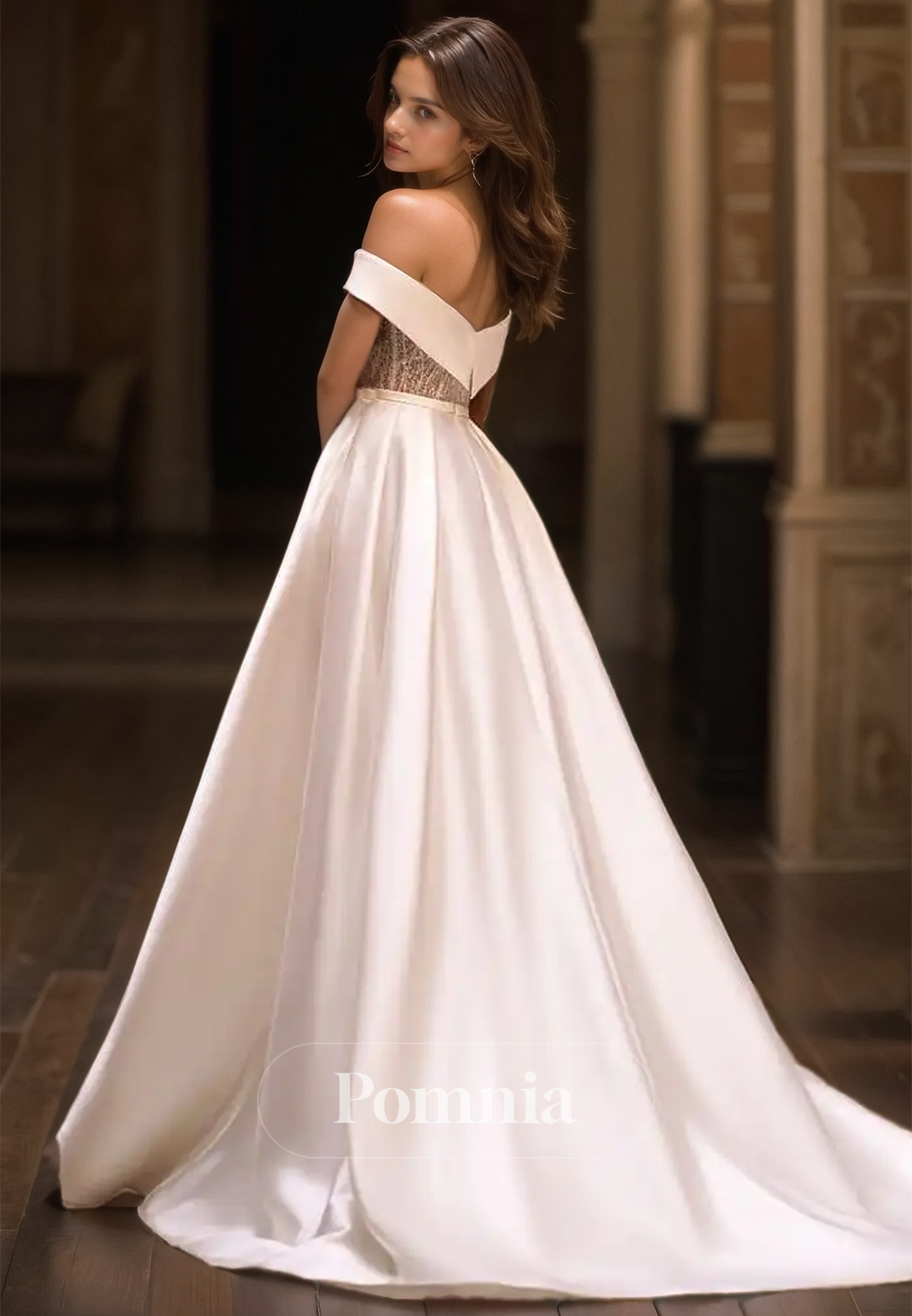 A-Line Off-Shoulder Sequins Side Slit Court Train Satin Wedding Dress