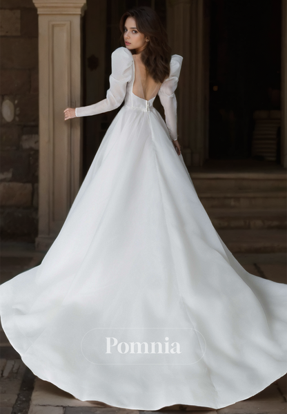 A-Line Deep V-Neck Long Sleeves Court Train Satin Wedding Dress