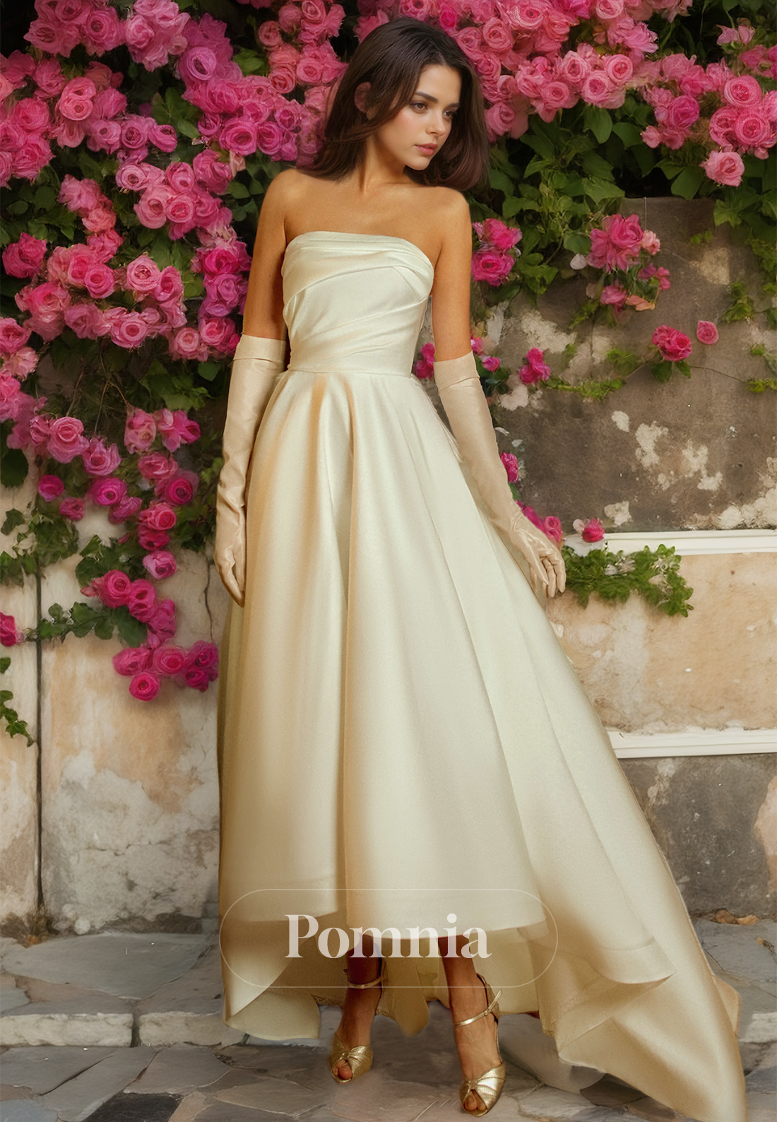 Elegant Strapless Sleeveless Empire-Waist Ankle-Length Satin Wedding Dress