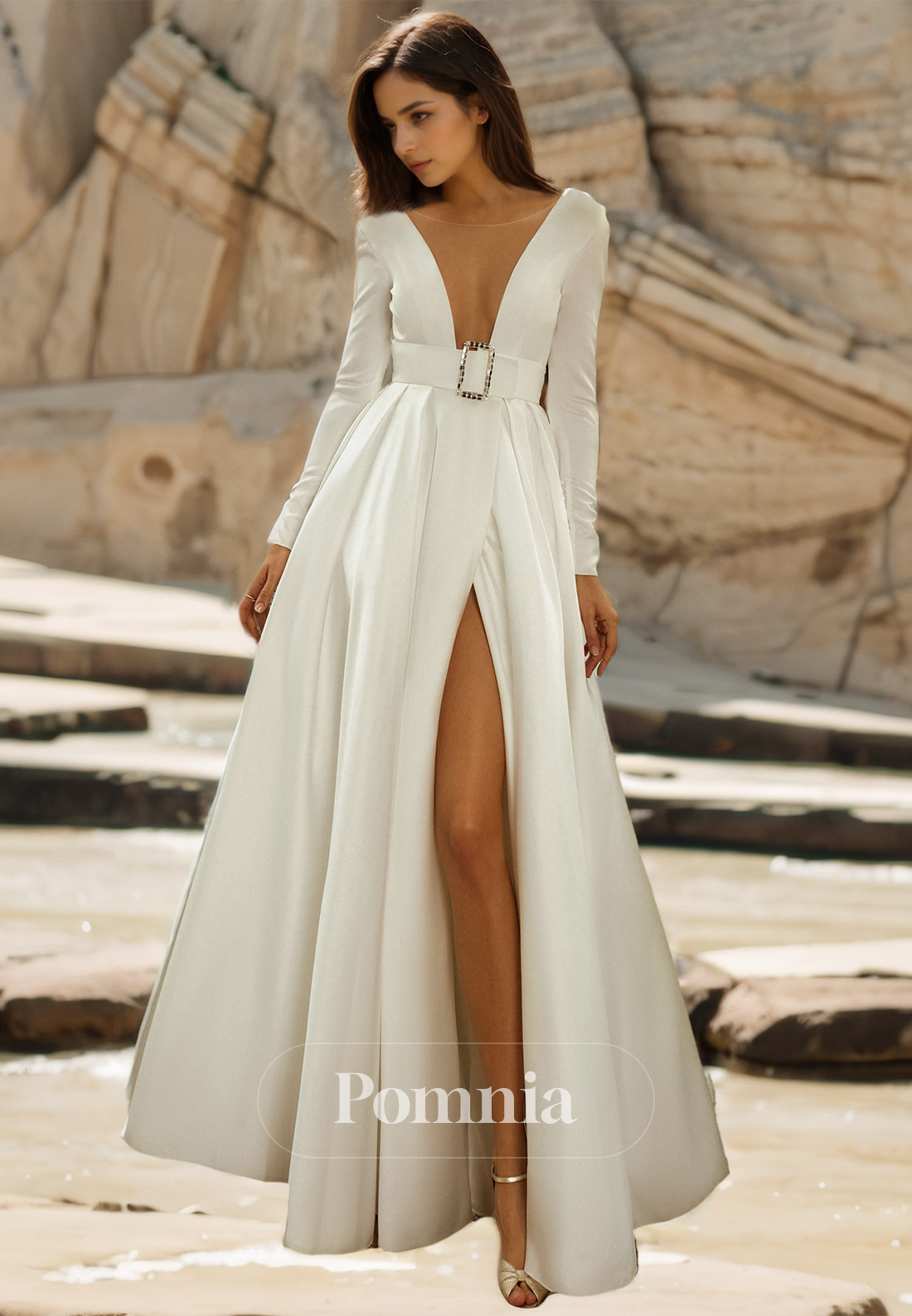 Deep V-Neck Long Sleeves Side Slit Empire-Waist Satin Wedding Dress