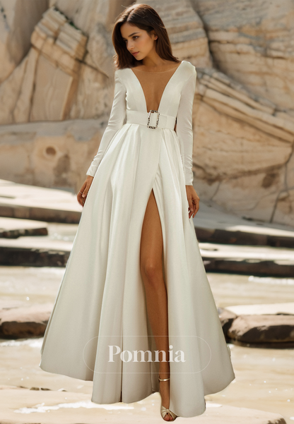 Deep V-Neck Long Sleeves Side Slit Empire-Waist Satin Wedding Dress