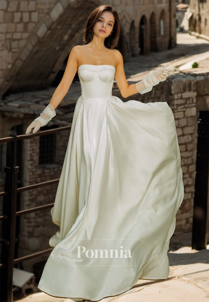 A-Line Strapless Sleeveless Empire-Waist Backless Satin Wedding Dress