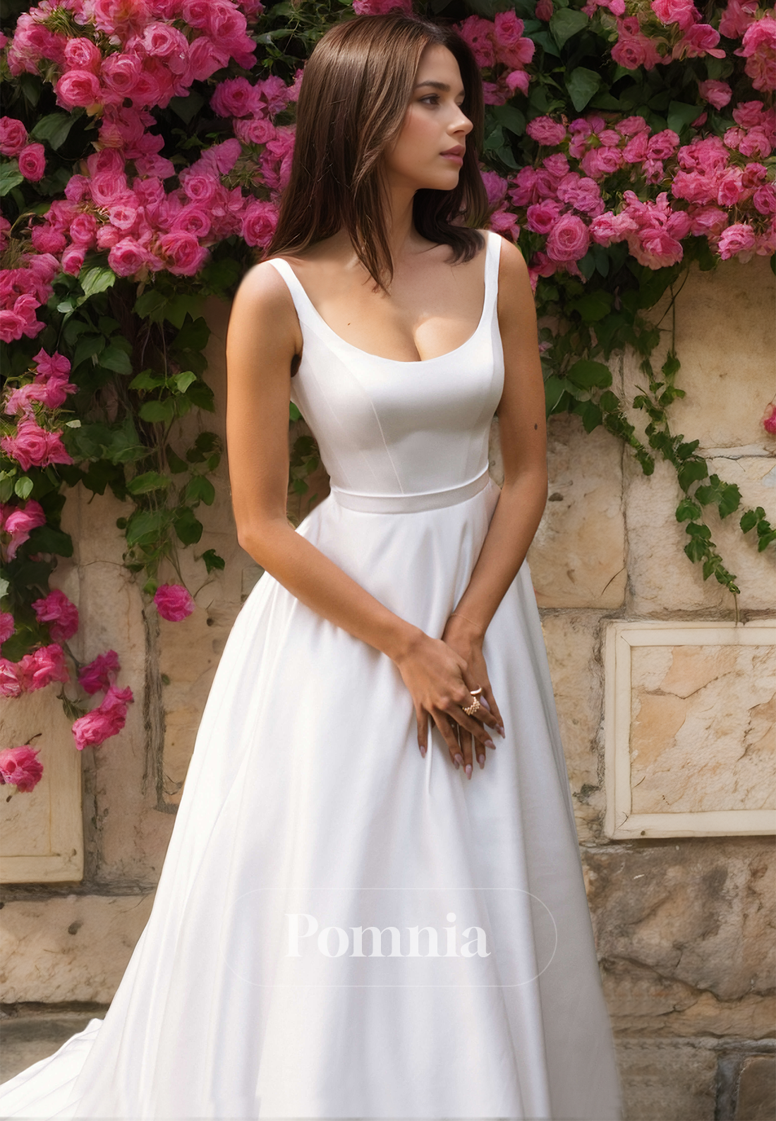 Spaghetti Straps Scoop Empire-Waist Sweep Train Satin Wedding Dress