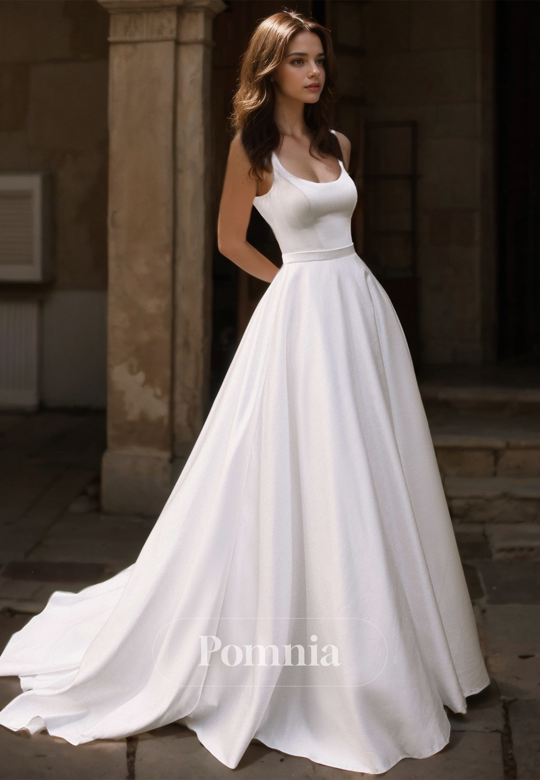 Spaghetti Straps Scoop Empire-Waist Sweep Train Satin Wedding Dress