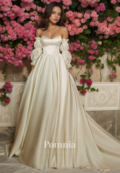 A-Line Off-Shoulder 3/4 Sleeves Court Train Backless Satin Wedding Dress