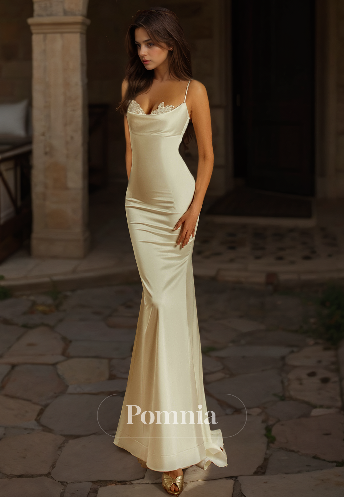 Sheath Spaghetti Straps Scoop Ruched Sweep Train Satin Wedding Dress