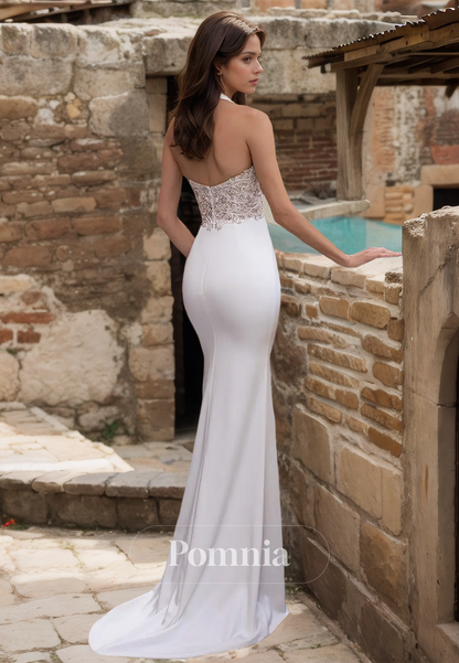 Halter Sleeveless Empire-Waist Backless Satin Mermaid Wedding Dress