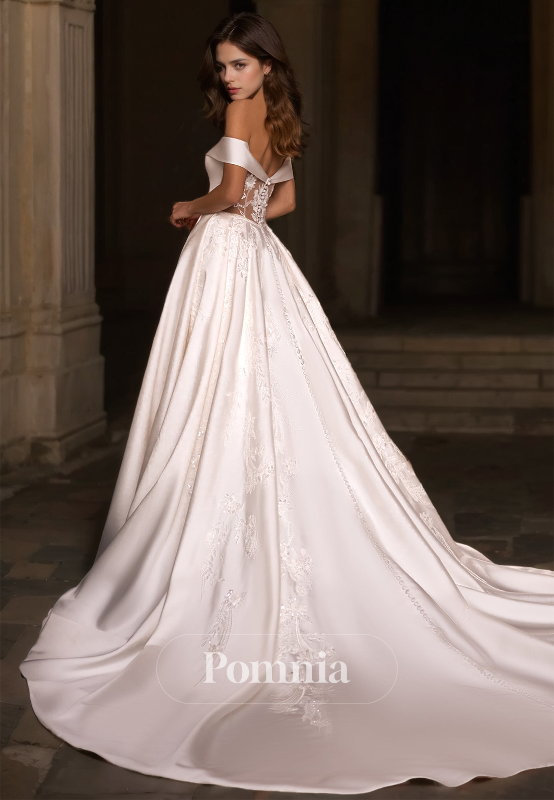 Charming Off-Shoulder Cap Sleeves A-Line Court Train Satin Wedding Dress