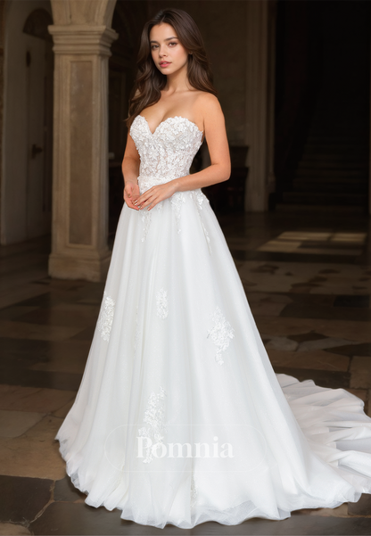 A-Line Strapless Sleeveless Empire-Waist Floral Appliques Satin Wedding Dress