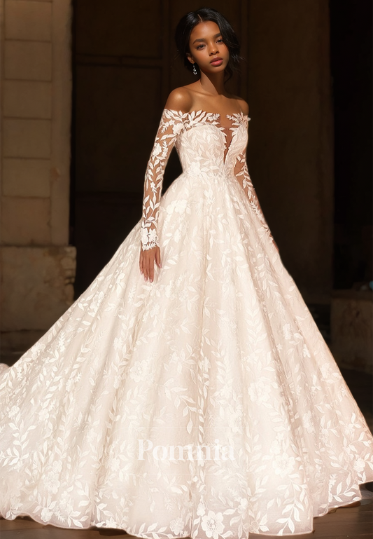 A-Line Long Sleeves Off-Shoulder V-Neck Court Train Appliques Lace Wedding Dress