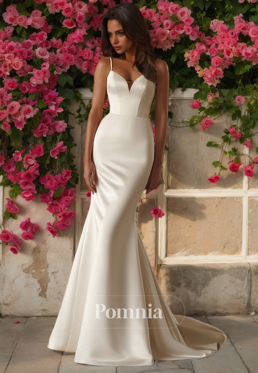 Spaghetti Straps V-Neck Backless Ruched Mermaid Satin Wedding Dress