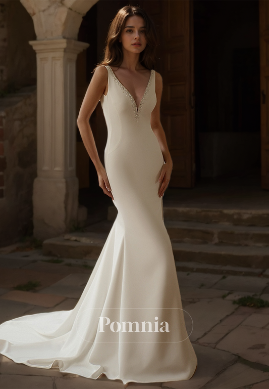 Simple Spaghetti Straps V-Neck Backless Detachable Satin Wedding Dress