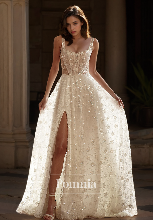 A-Line Spaghetti Straps Scoop Empire-Waist Side Slit Lace Wedding Dress