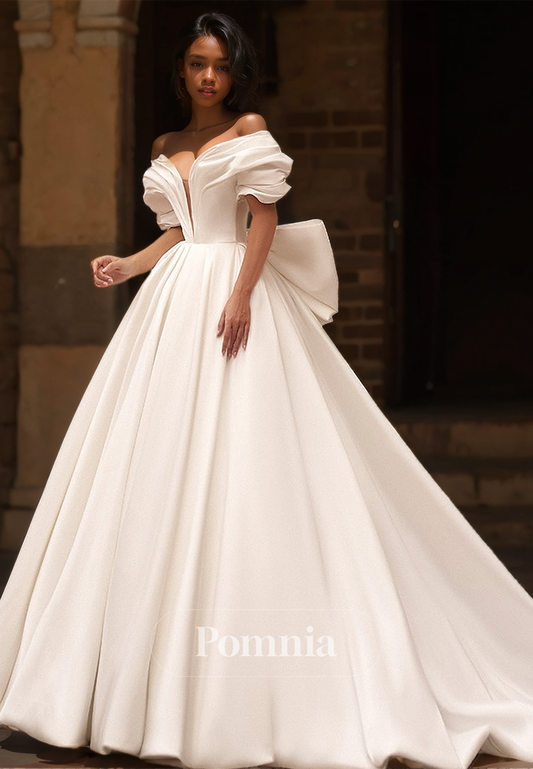 A-Line Off-Shoulder Cap Sleeves Bowknot Court Train Satin Wedding Dress