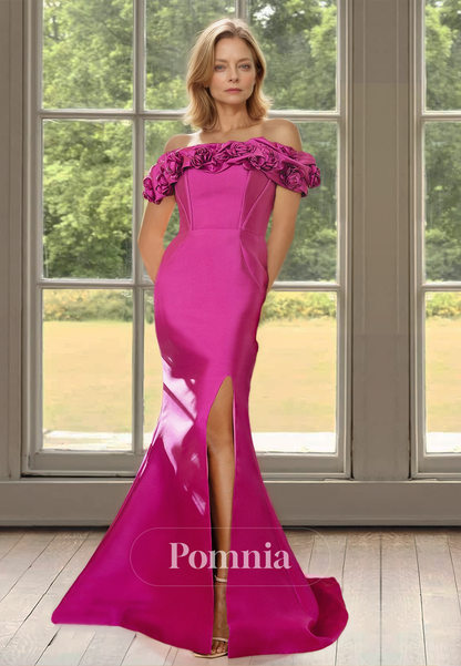 Fuchsia Off-Shoulder Cap Sleeves Side Slit Mother of the Bride Dress