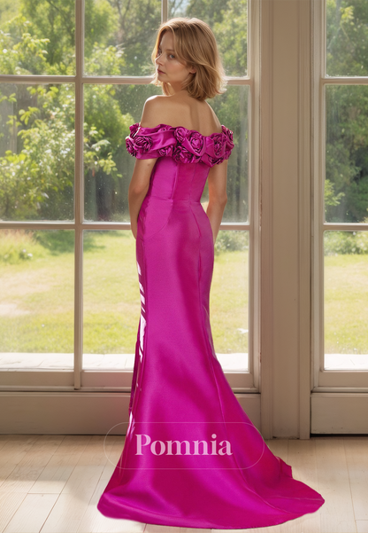 Fuchsia Off-Shoulder Cap Sleeves Side Slit Mother of the Bride Dress