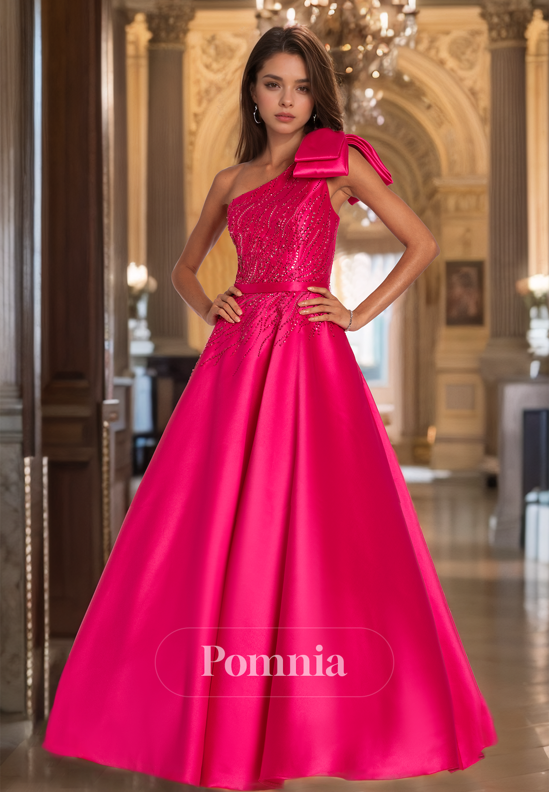 Fuchsia One Shoulder Sleeveless Empire-Waist Prom Party Dress