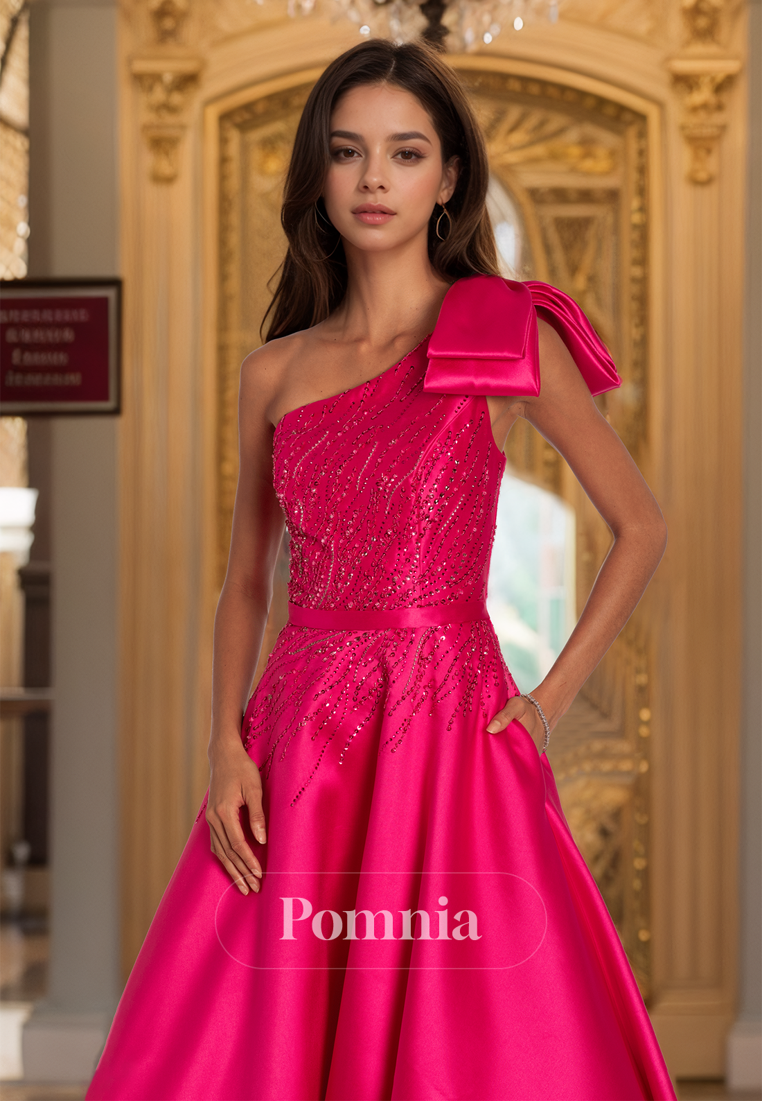 Fuchsia One Shoulder Sleeveless Empire-Waist Prom Party Dress