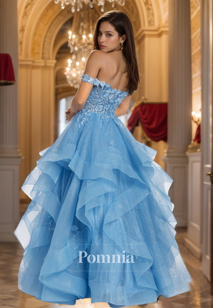 Sky Blue A-Line Off-Shoulder Prom Dress with Ruffles Tiered Appliques Evening Party Dress