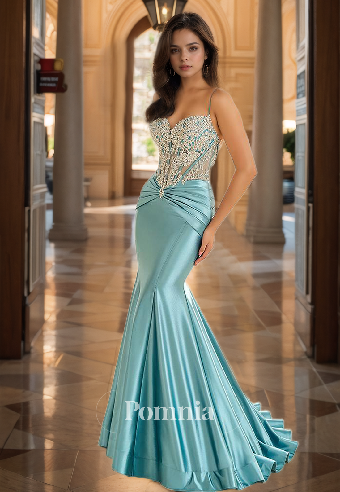 Mermaid Spaghetti Straps Sweetheart Prom Dress with Train Appliques Evening Party Dress